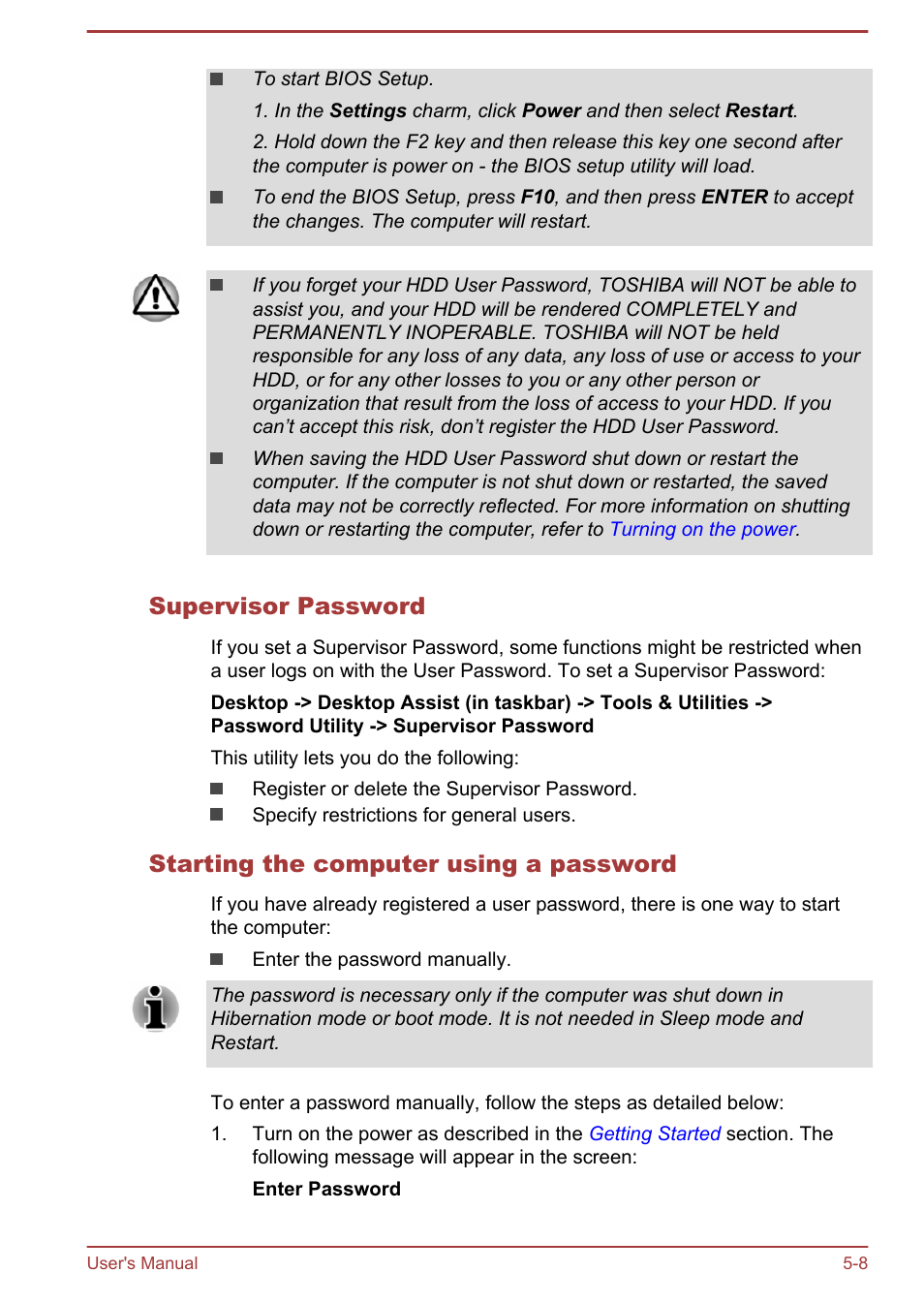 Supervisor password, Starting the computer using a password | Toshiba Satellite M50D-A User Manual | Page 73 / 116