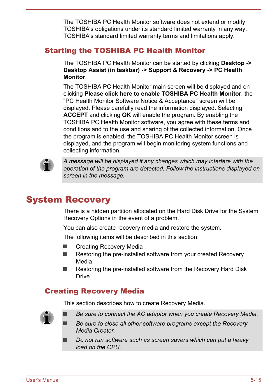 Starting the toshiba pc health monitor, System recovery, Creating recovery media | System recovery -15 | Toshiba Satellite M50D-A User Manual | Page 80 / 116