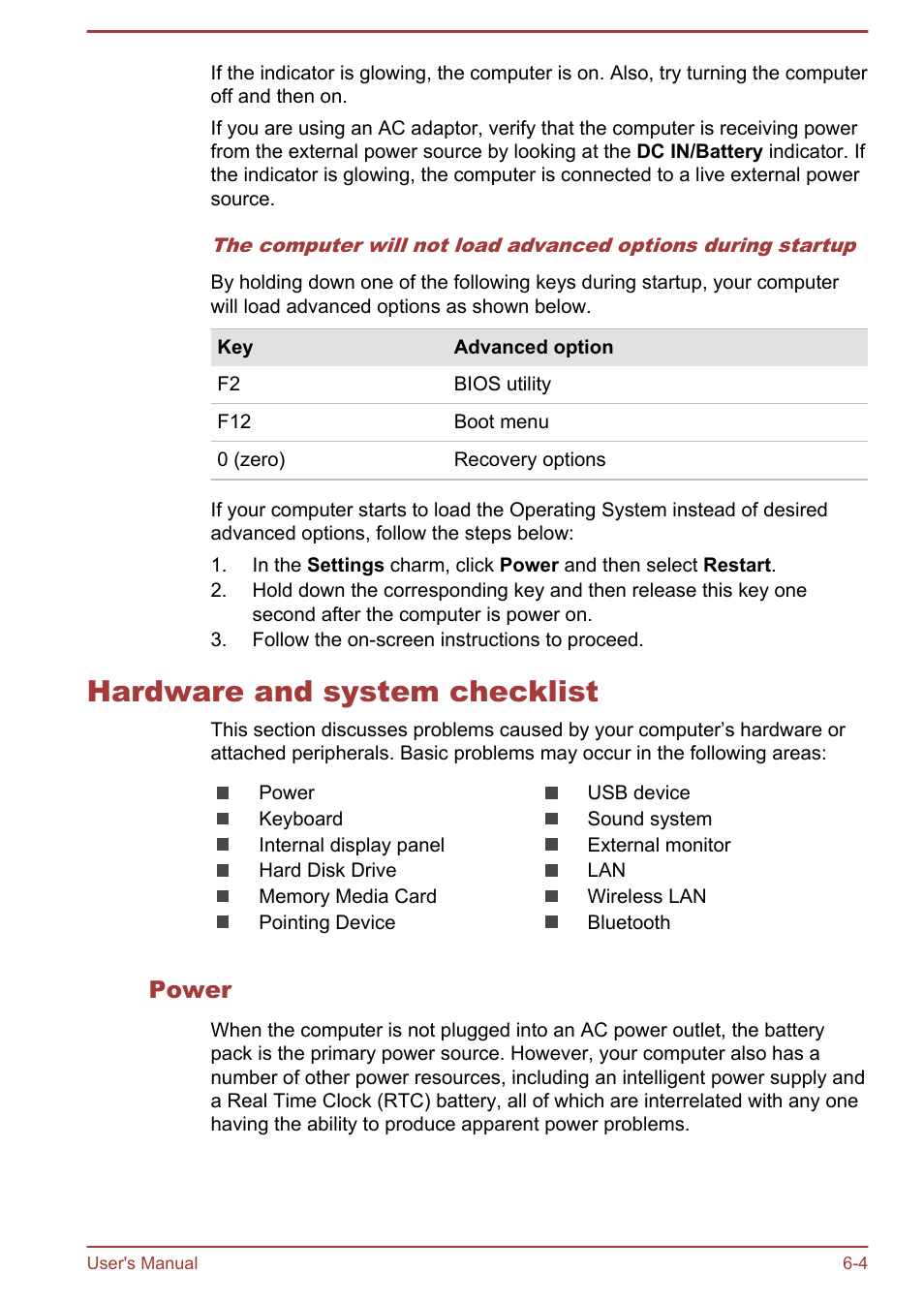 Hardware and system checklist, Power, Hardware and system checklist -4 | Toshiba Satellite M50D-A User Manual | Page 87 / 116