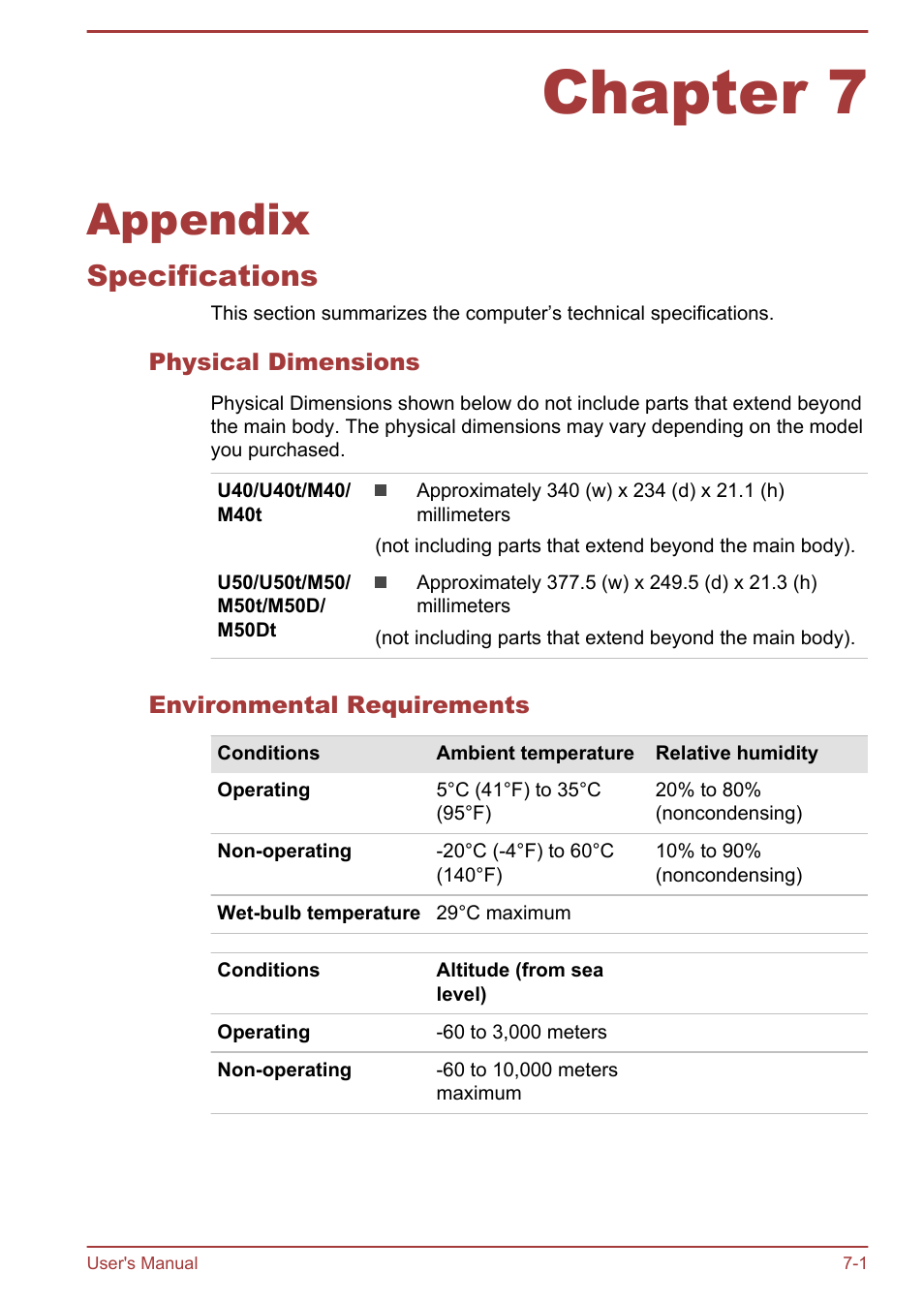 Chapter 7 appendix, Specifications, Physical dimensions | Environmental requirements, Chapter 7, Appendix, Specifications -1 | Toshiba Satellite M50D-A User Manual | Page 99 / 116