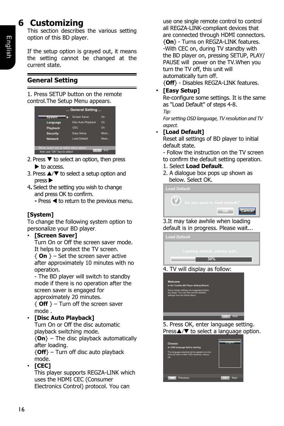 6customizing, 1 e ng lis h, General setting | Toshiba BDX3100 User Manual | Page 16 / 46