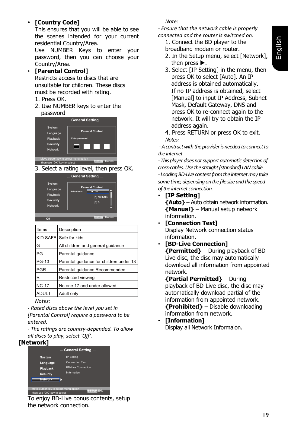 1 e ng lis h, Select a rating level, then press ok | Toshiba BDX3100 User Manual | Page 19 / 46