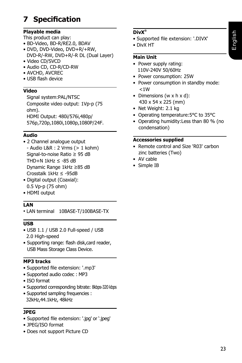 7specification | Toshiba BDX3100 User Manual | Page 23 / 46