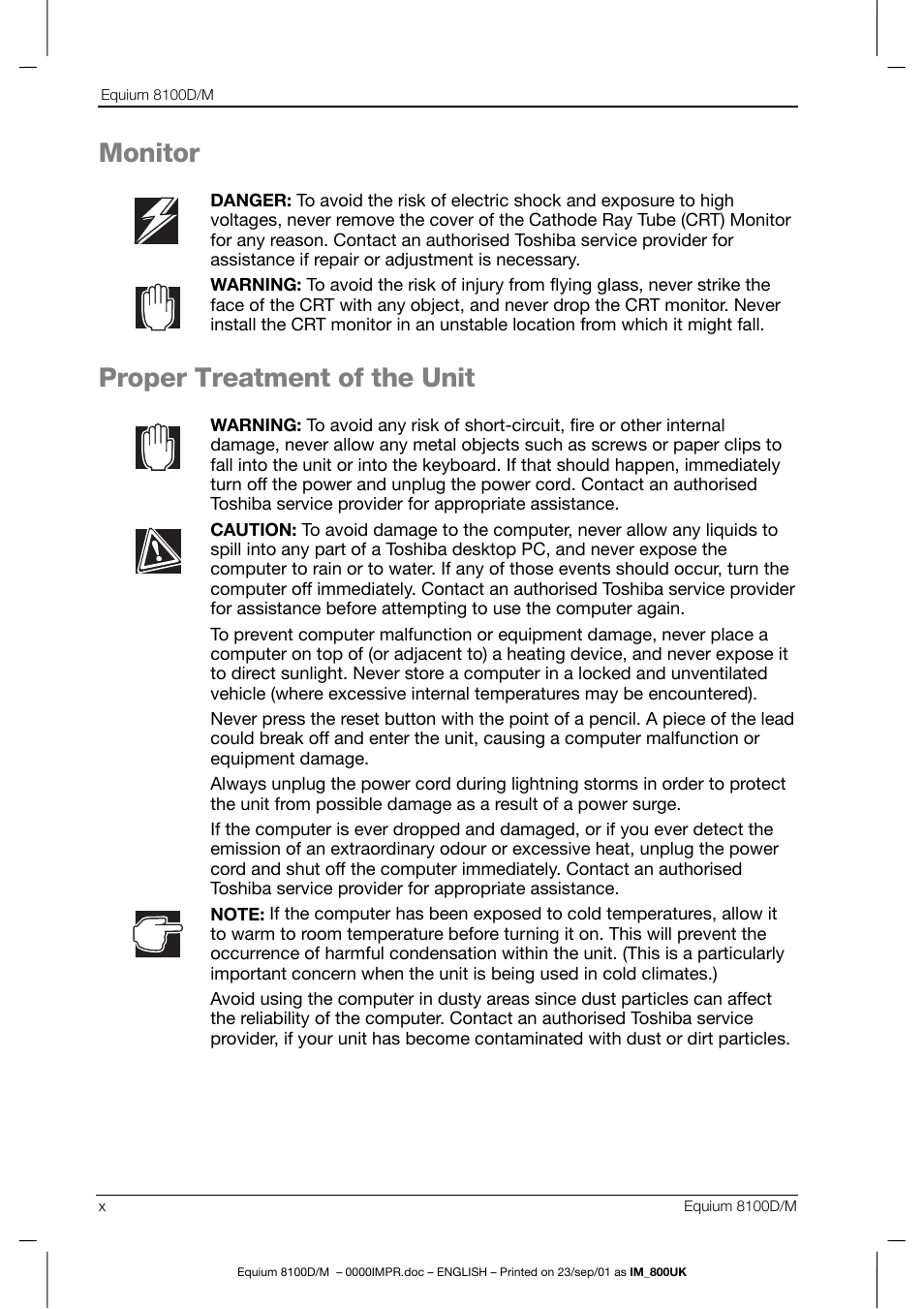 Monitor, Proper treatment of the unit | Toshiba Equium 8100 User Manual | Page 10 / 95