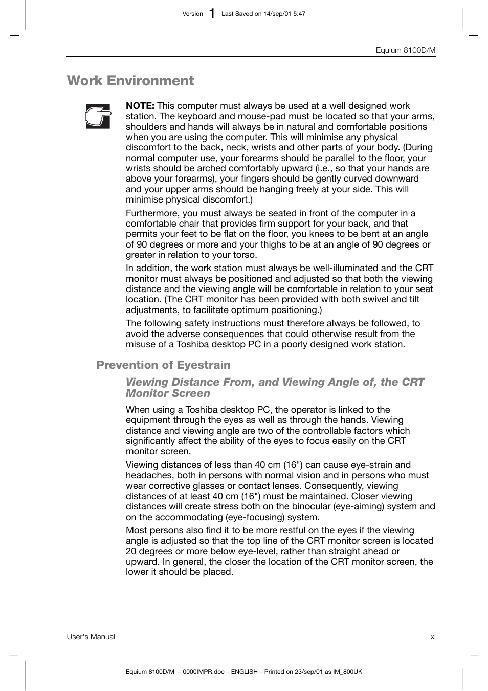 Work environment, Prevention of eyestrain | Toshiba Equium 8100 User Manual | Page 11 / 95