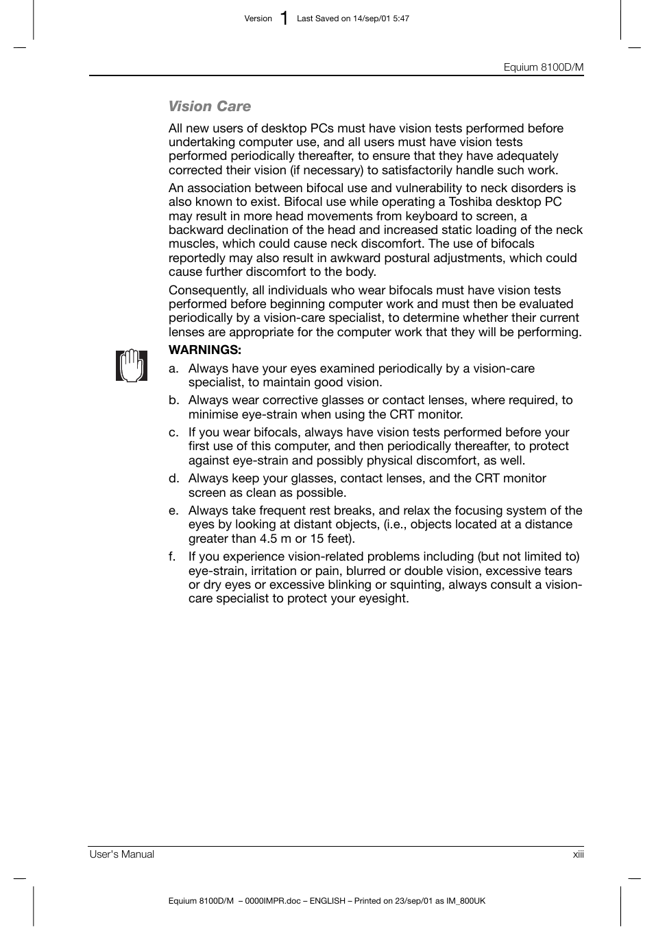 Vision care | Toshiba Equium 8100 User Manual | Page 13 / 95