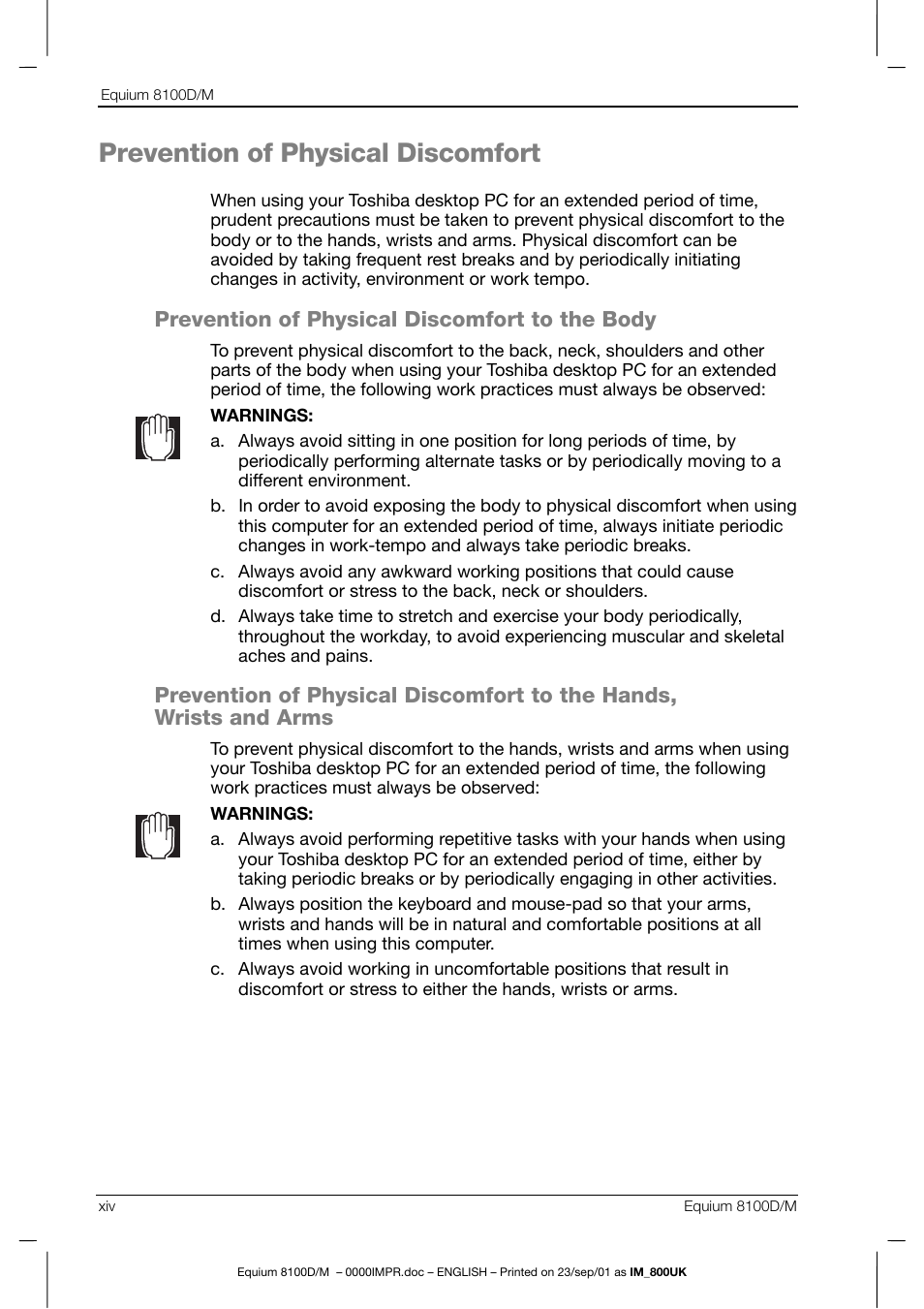 Prevention of physical discomfort, Prevention of physical discomfort to the body | Toshiba Equium 8100 User Manual | Page 14 / 95