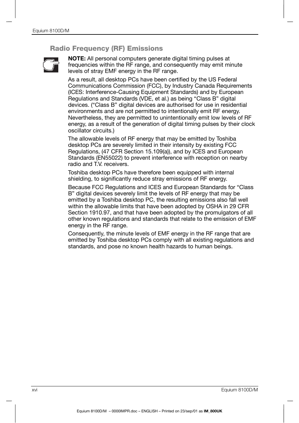 Radio frequency (rf) emissions | Toshiba Equium 8100 User Manual | Page 16 / 95