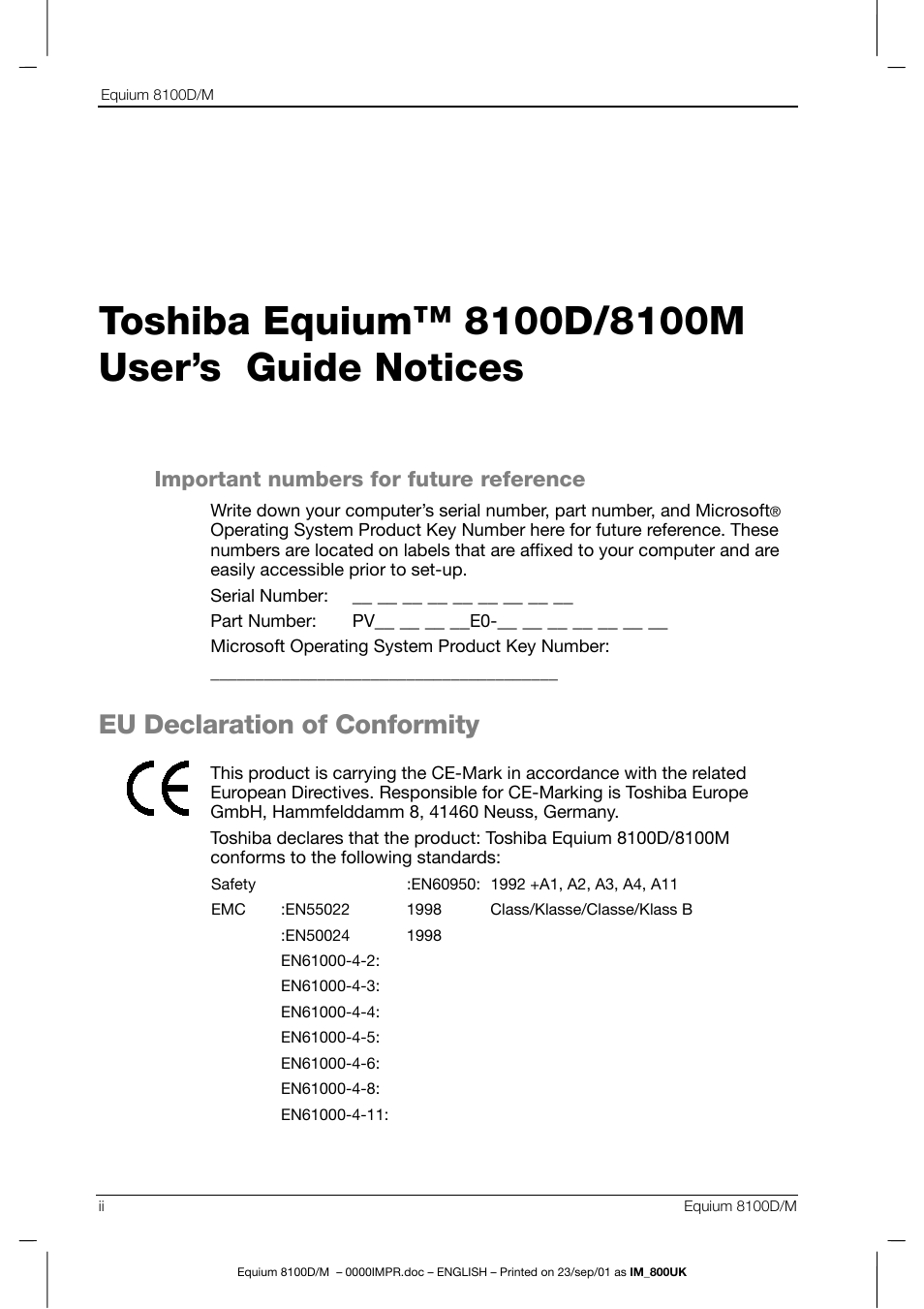 Eu declaration of conformity, Important numbers for future reference | Toshiba Equium 8100 User Manual | Page 2 / 95