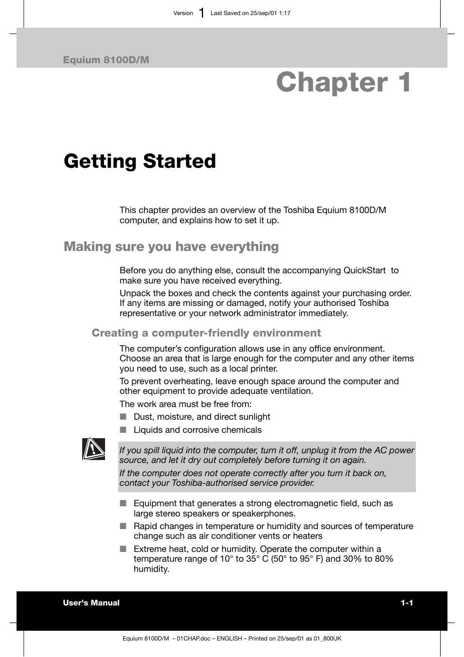 Chapter 1, Getting started, Making sure you have everything | Toshiba Equium 8100 User Manual | Page 23 / 95