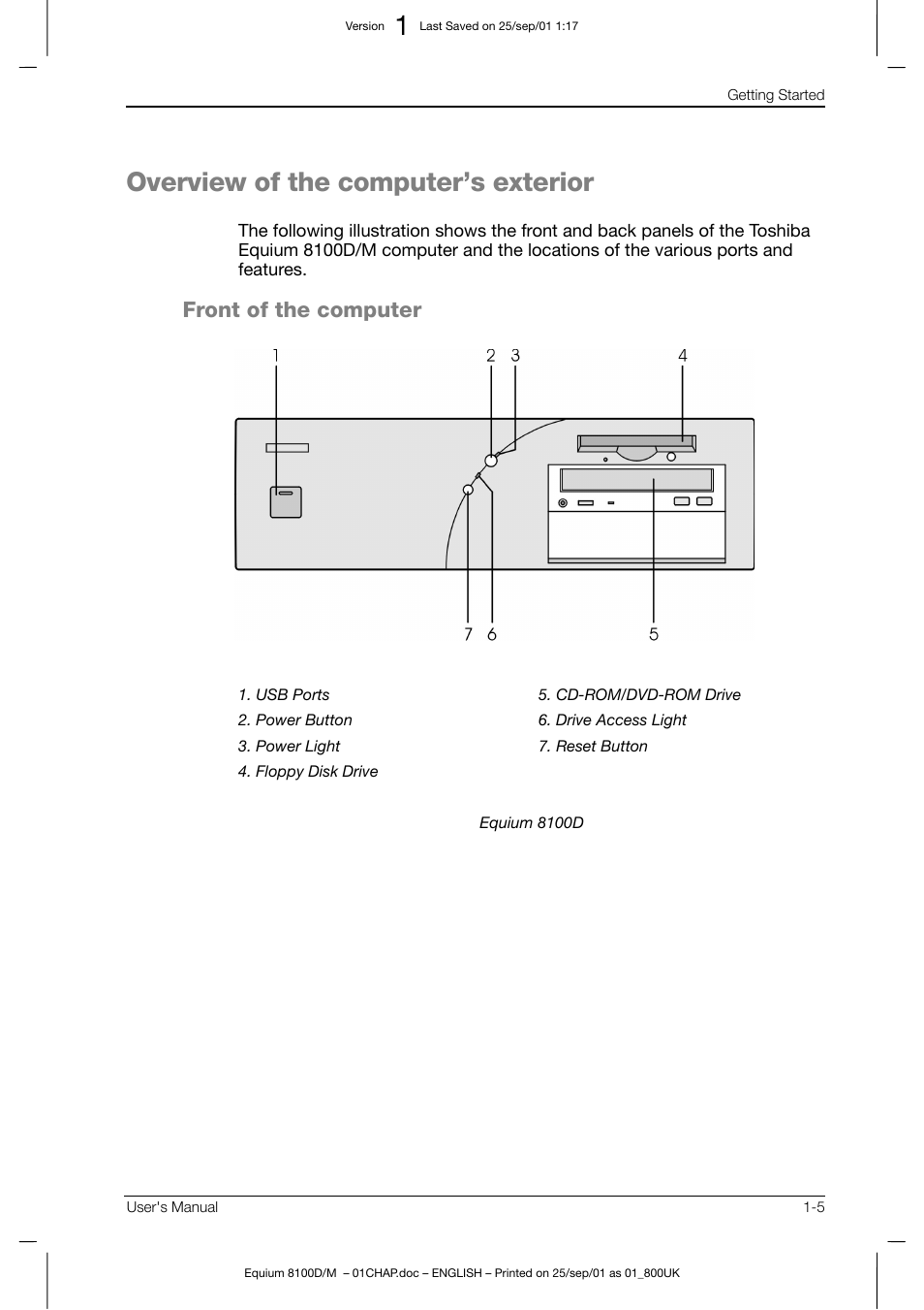 Overview of the computer’s exterior, Front of the computer | Toshiba Equium 8100 User Manual | Page 27 / 95