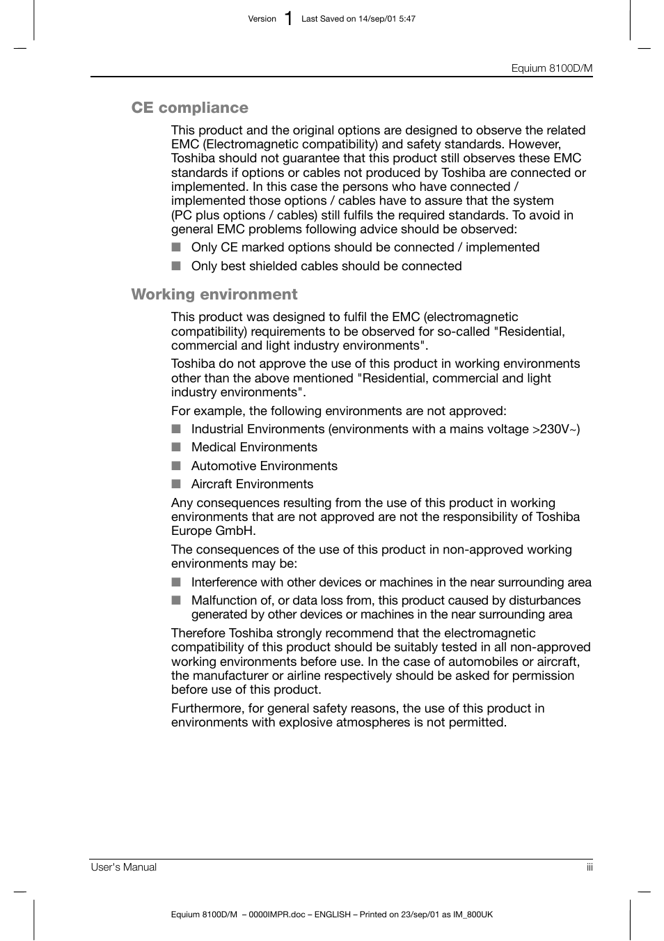 Ce compliance, Working environment | Toshiba Equium 8100 User Manual | Page 3 / 95