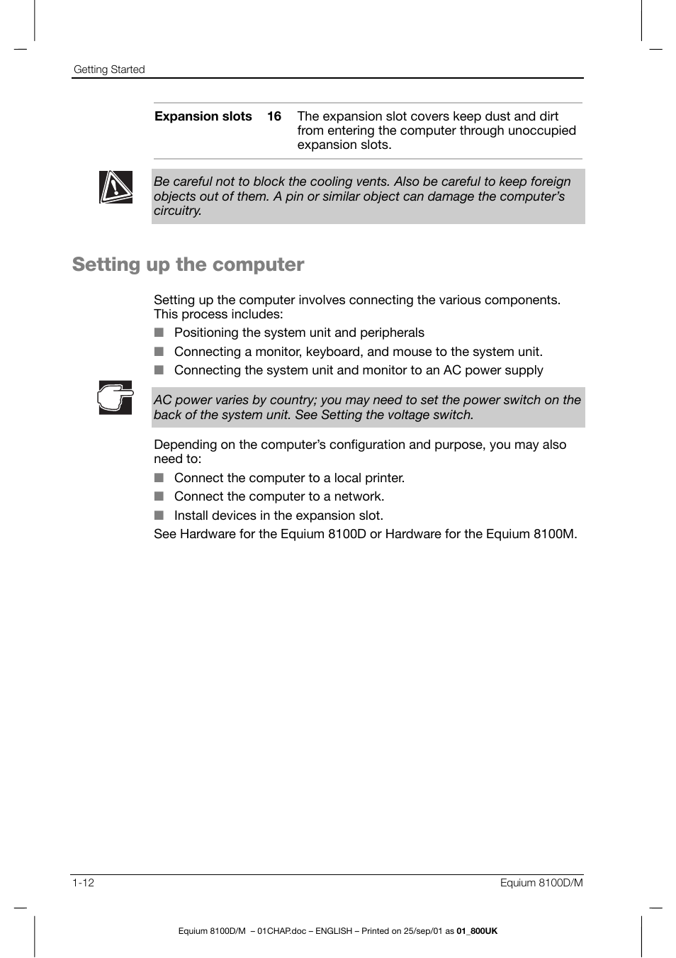 Setting up the computer | Toshiba Equium 8100 User Manual | Page 34 / 95