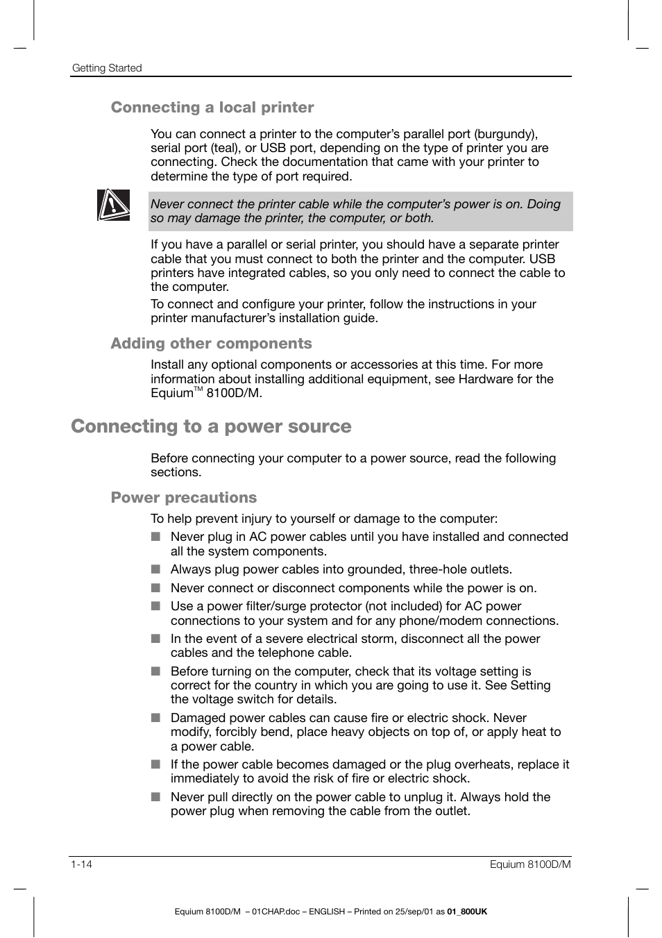 Connecting to a power source, Connecting a local printer, Adding other components | Power precautions | Toshiba Equium 8100 User Manual | Page 36 / 95