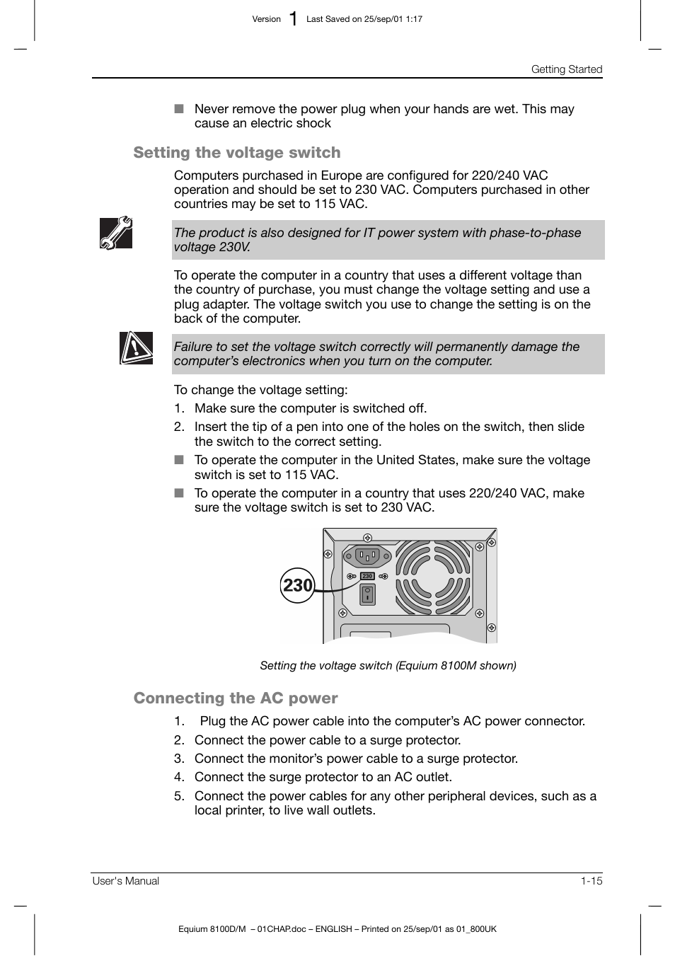 Setting the voltage switch, Connecting the ac power | Toshiba Equium 8100 User Manual | Page 37 / 95