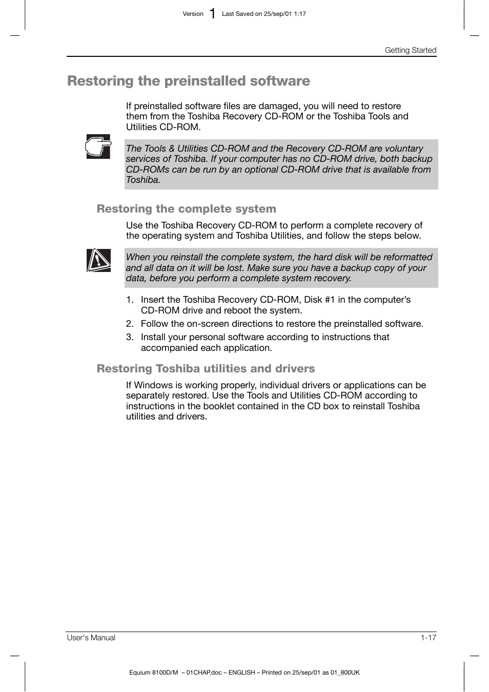Restoring the preinstalled software, Restoring the complete system, Restoring toshiba utilities and drivers | Toshiba Equium 8100 User Manual | Page 39 / 95