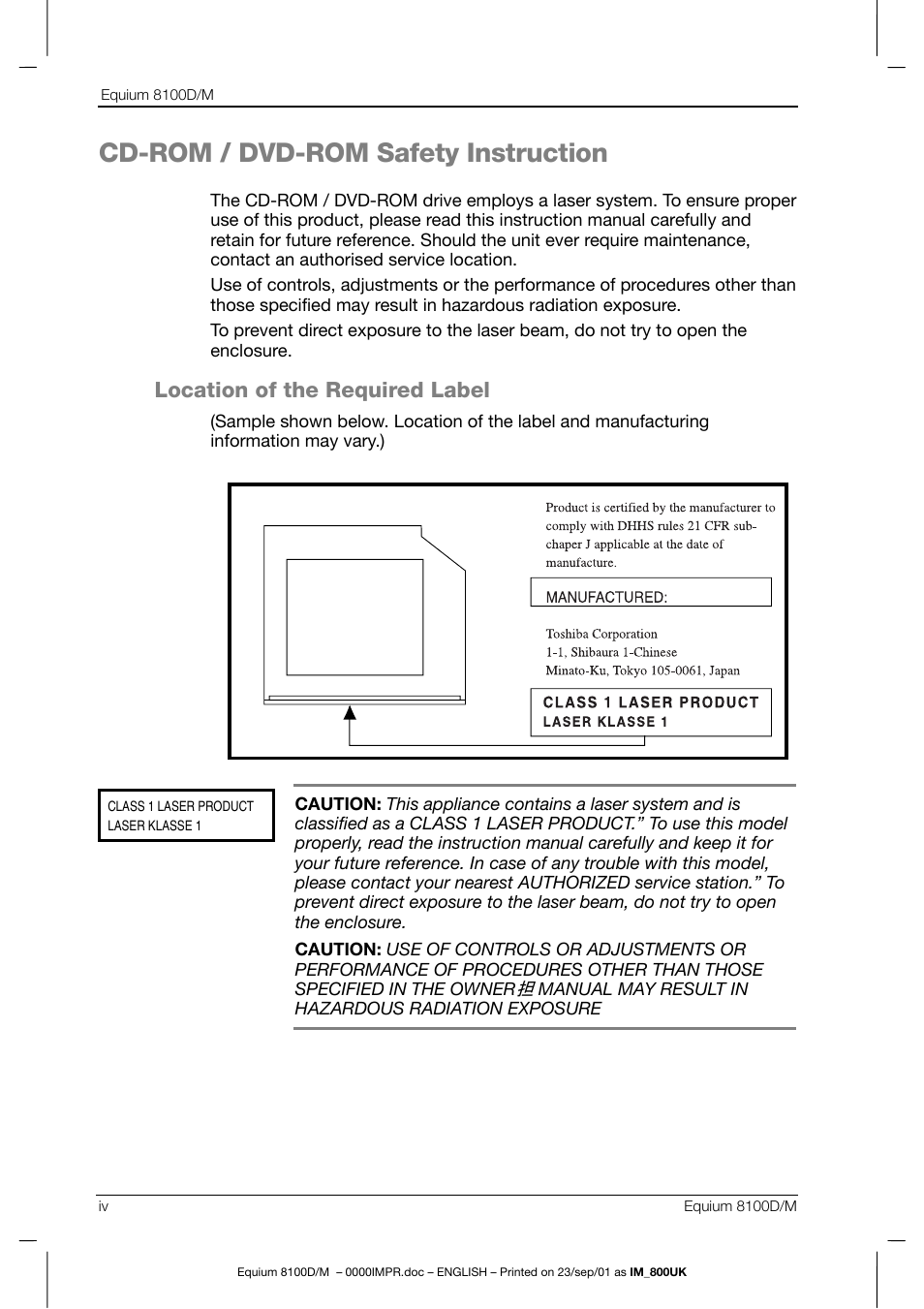 Cd-rom / dvd-rom safety instruction, Location of the required label | Toshiba Equium 8100 User Manual | Page 4 / 95