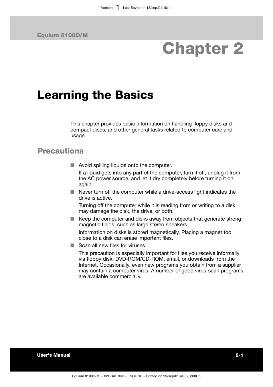 Chapter 2, Learning the basics, Precautions | Toshiba Equium 8100 User Manual | Page 40 / 95