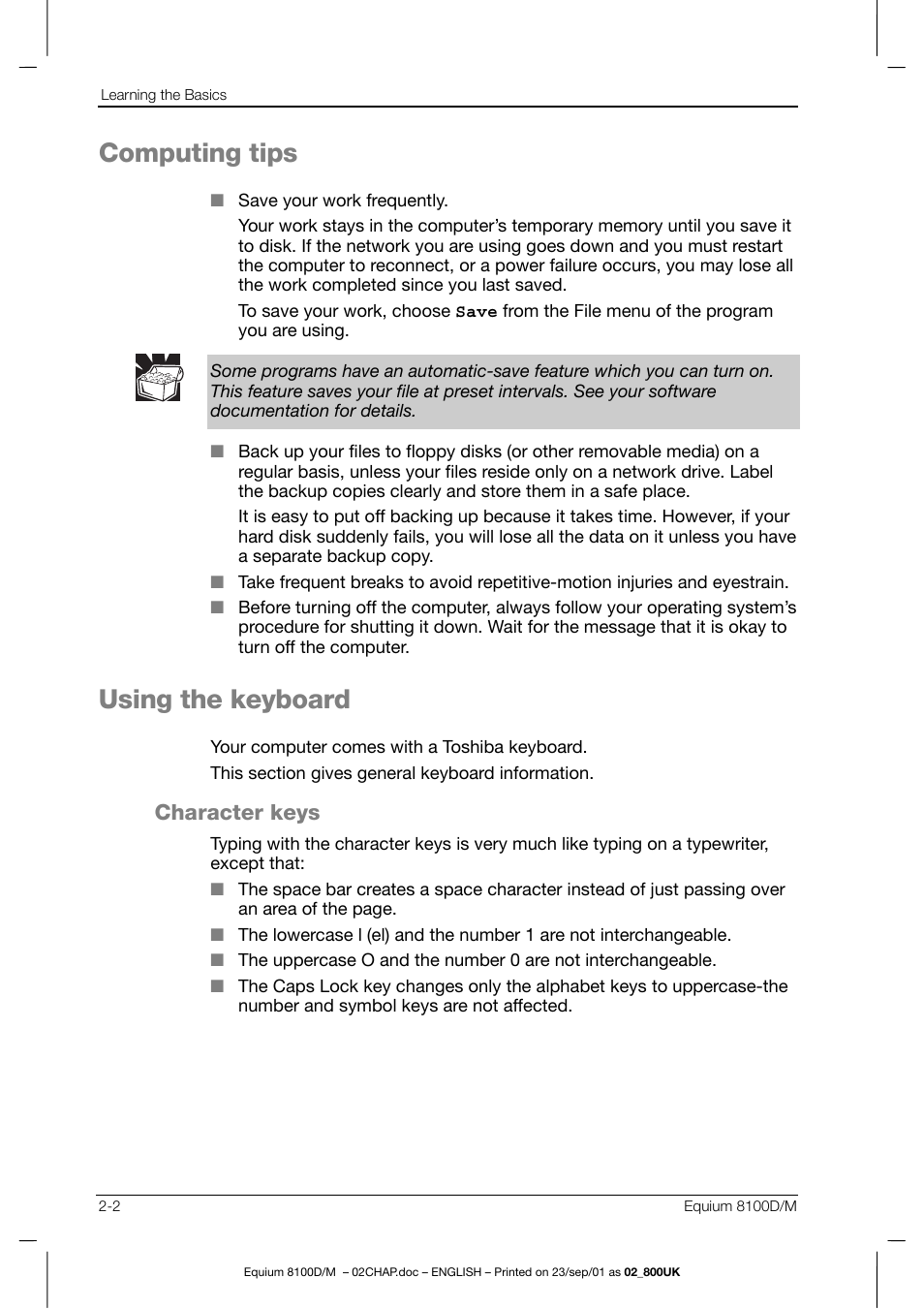 Computing tips, Using the keyboard, Character keys | Toshiba Equium 8100 User Manual | Page 41 / 95