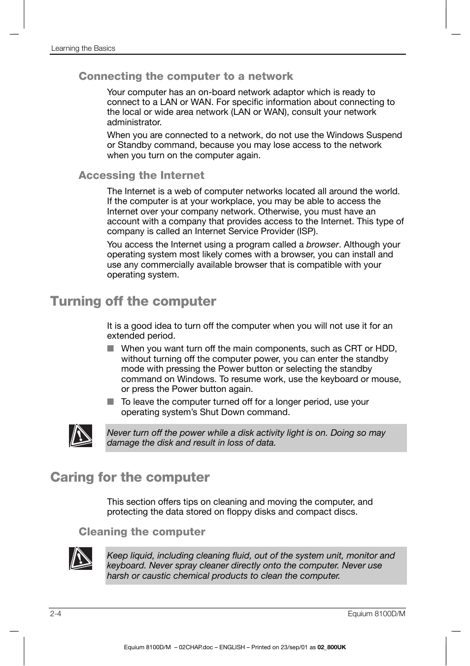 Turning off the computer, Caring for the computer | Toshiba Equium 8100 User Manual | Page 43 / 95