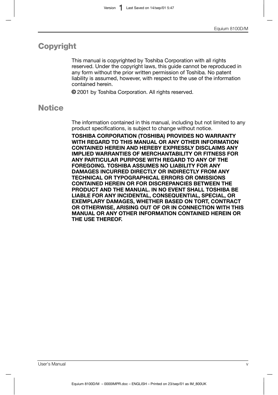 Copyright, Notice | Toshiba Equium 8100 User Manual | Page 5 / 95