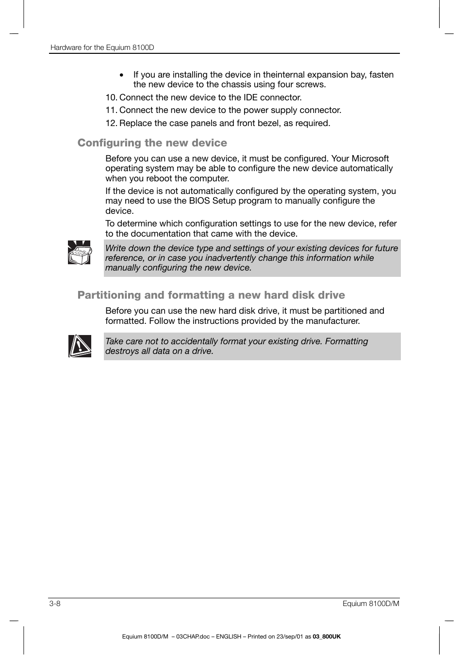 Configuring the new device, Partitioning and formatting a new hard disk drive | Toshiba Equium 8100 User Manual | Page 53 / 95