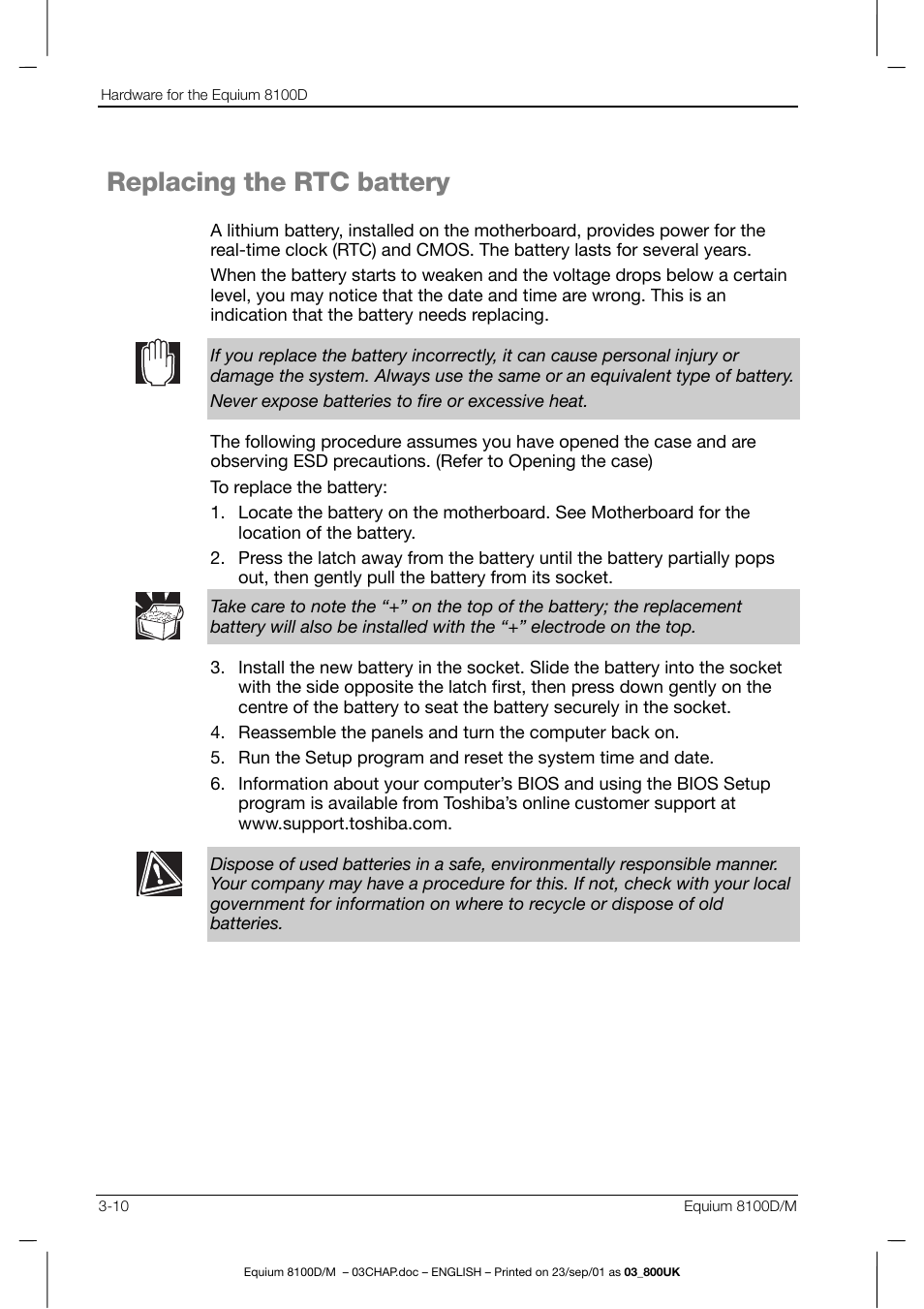 Replacing the rtc battery | Toshiba Equium 8100 User Manual | Page 55 / 95