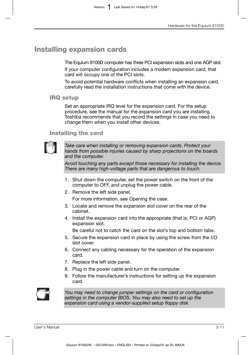 Installing expansion cards, Irq setup, Installing the card | Toshiba Equium 8100 User Manual | Page 56 / 95