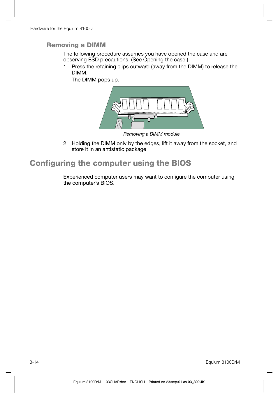 Configuring the computer using the bios, Removing a dimm | Toshiba Equium 8100 User Manual | Page 59 / 95