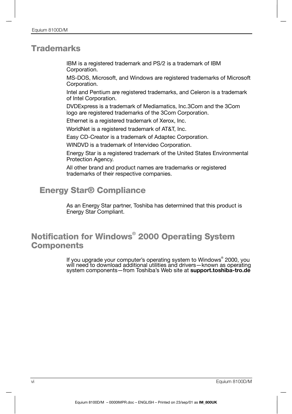 Trademarks, Energy star® compliance, Notification for windows | 2000 operating system components | Toshiba Equium 8100 User Manual | Page 6 / 95