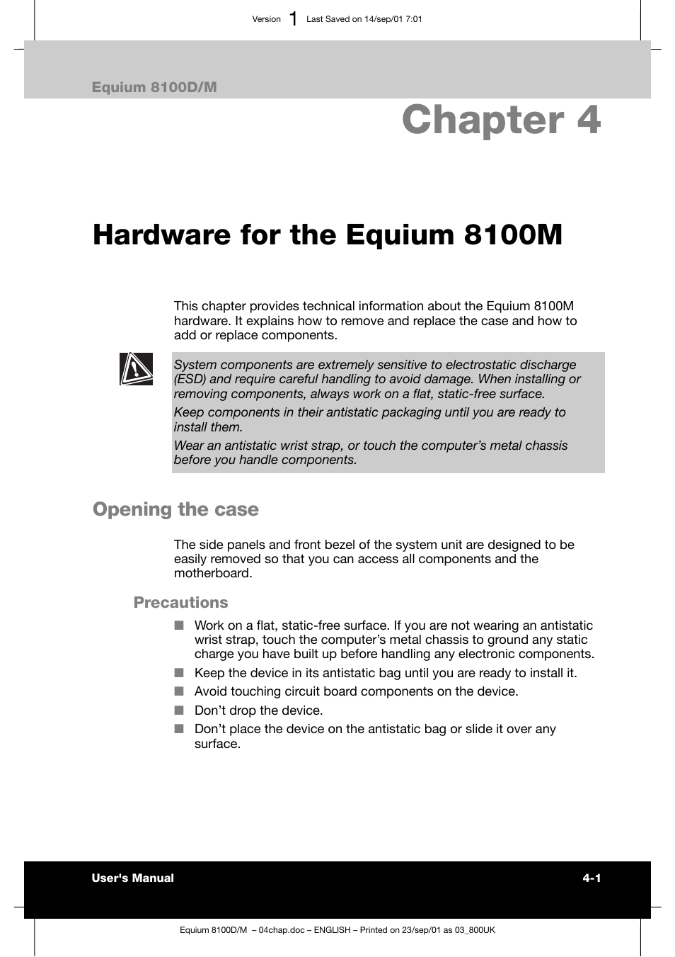 Chapter 4, Hardware for the equium 8100m, Opening the case | Toshiba Equium 8100 User Manual | Page 60 / 95