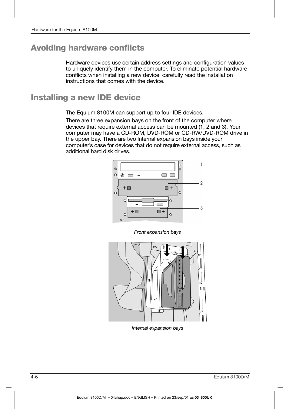 Avoiding hardware conflicts, Installing a new ide device | Toshiba Equium 8100 User Manual | Page 65 / 95
