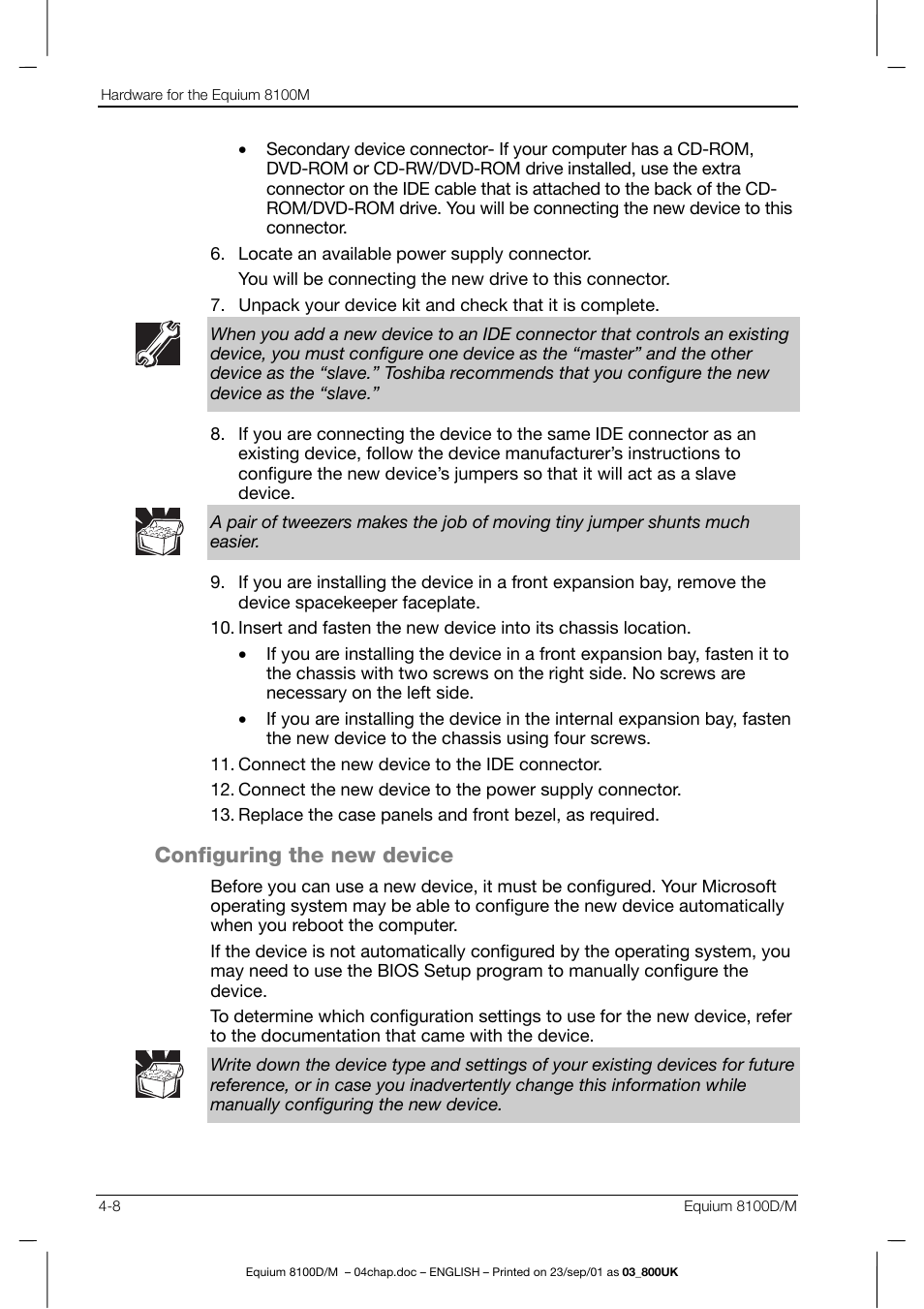 Configuring the new device | Toshiba Equium 8100 User Manual | Page 67 / 95