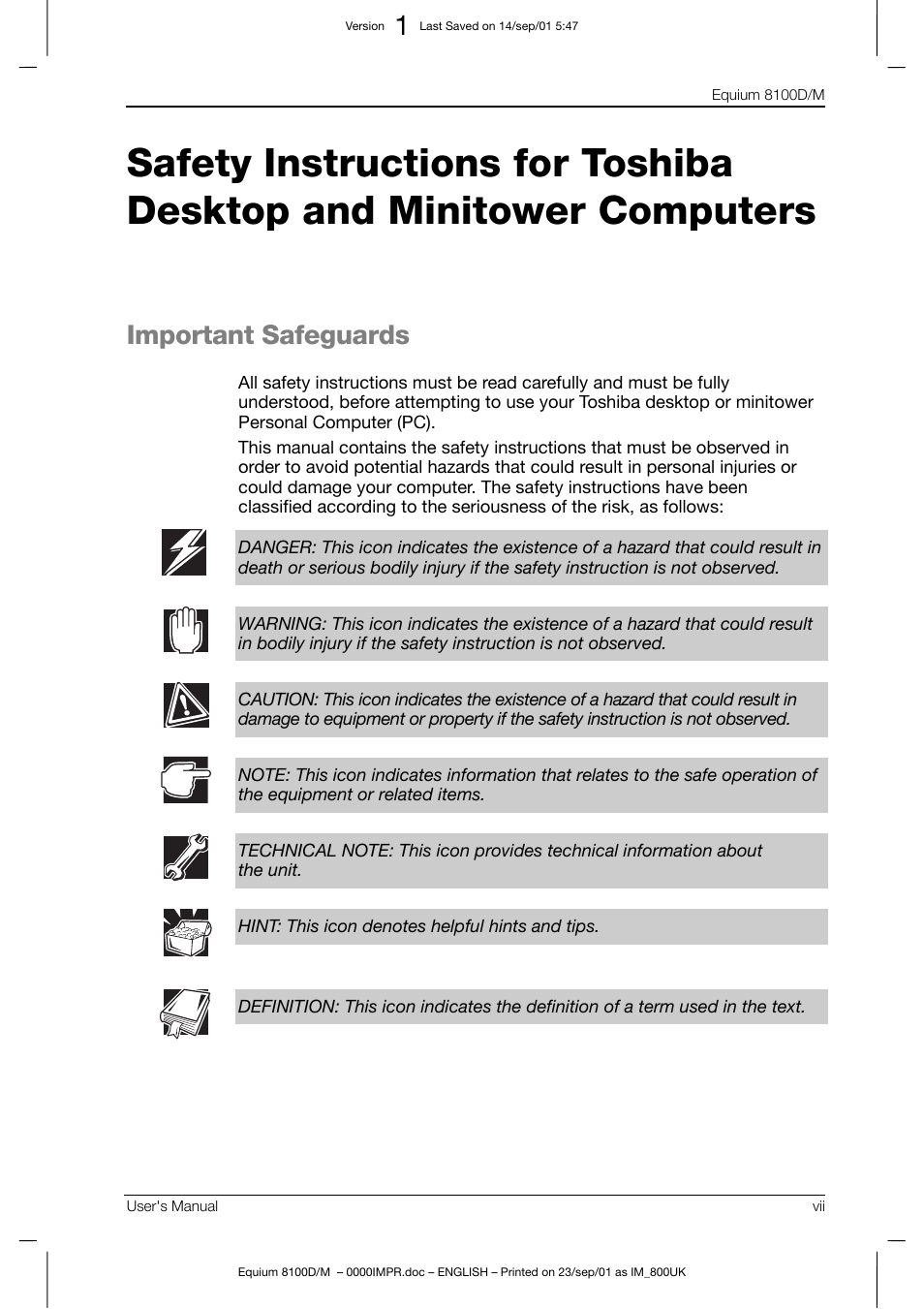 Important safeguards | Toshiba Equium 8100 User Manual | Page 7 / 95