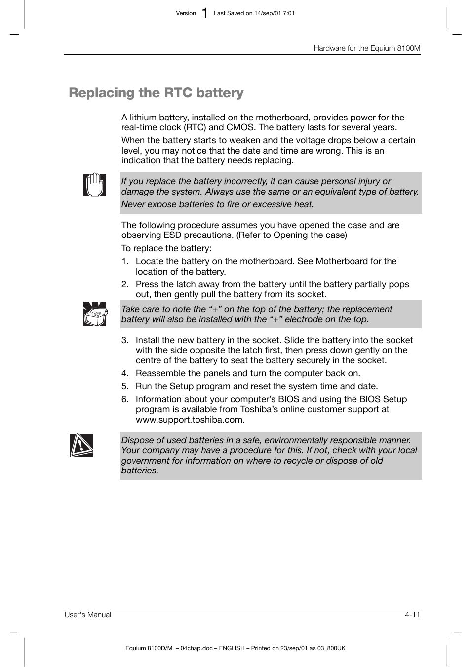 Replacing the rtc battery | Toshiba Equium 8100 User Manual | Page 70 / 95