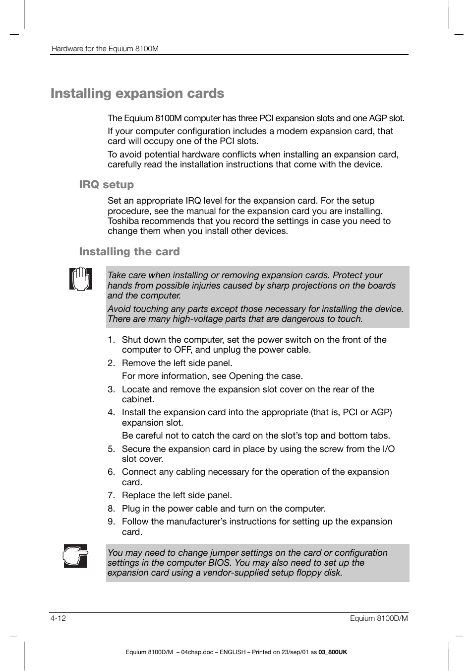 Installing expansion cards, Irq setup, Installing the card | Toshiba Equium 8100 User Manual | Page 71 / 95