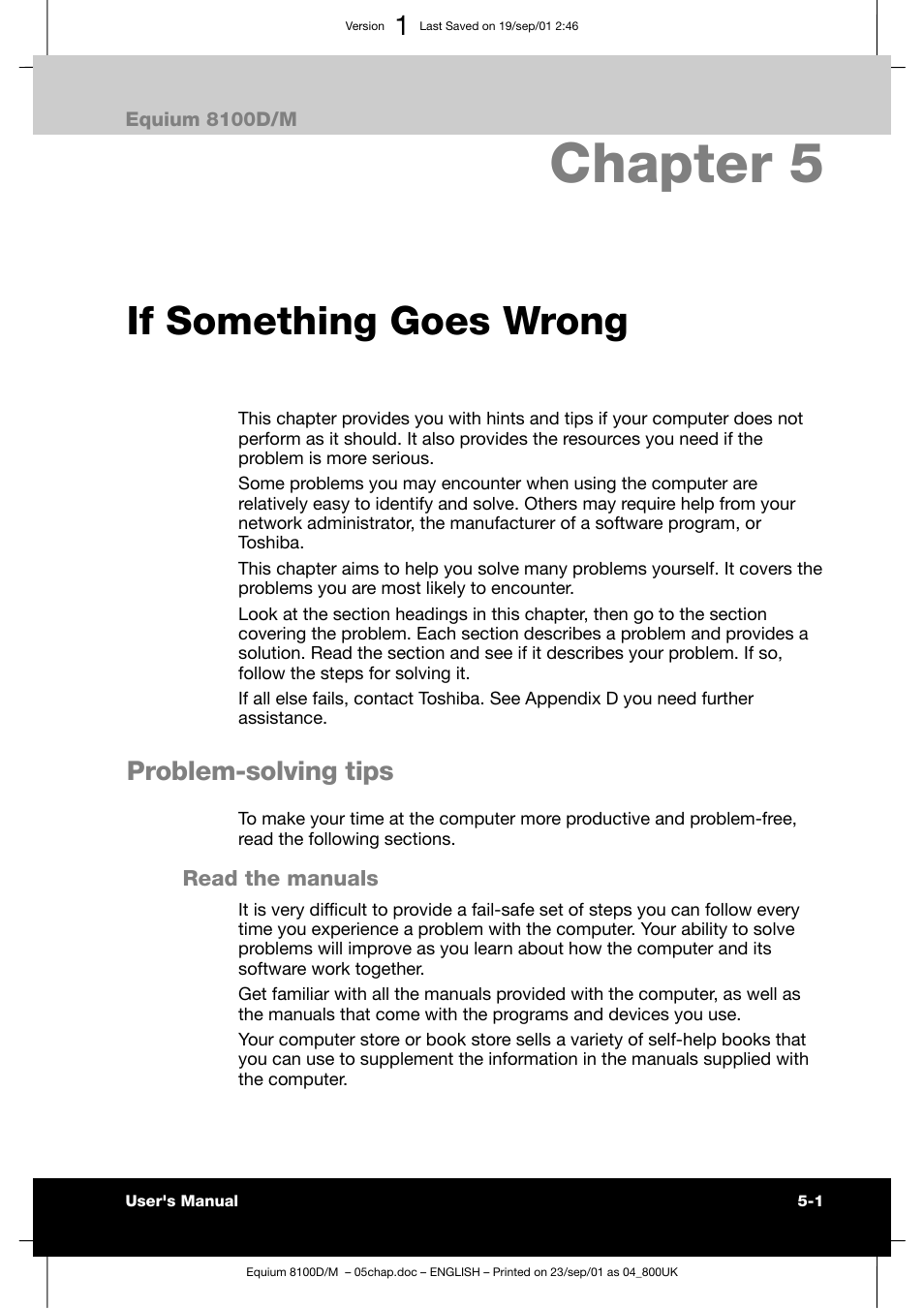 Chapter 5, If something goes wrong, Problem-solving tips | Toshiba Equium 8100 User Manual | Page 75 / 95