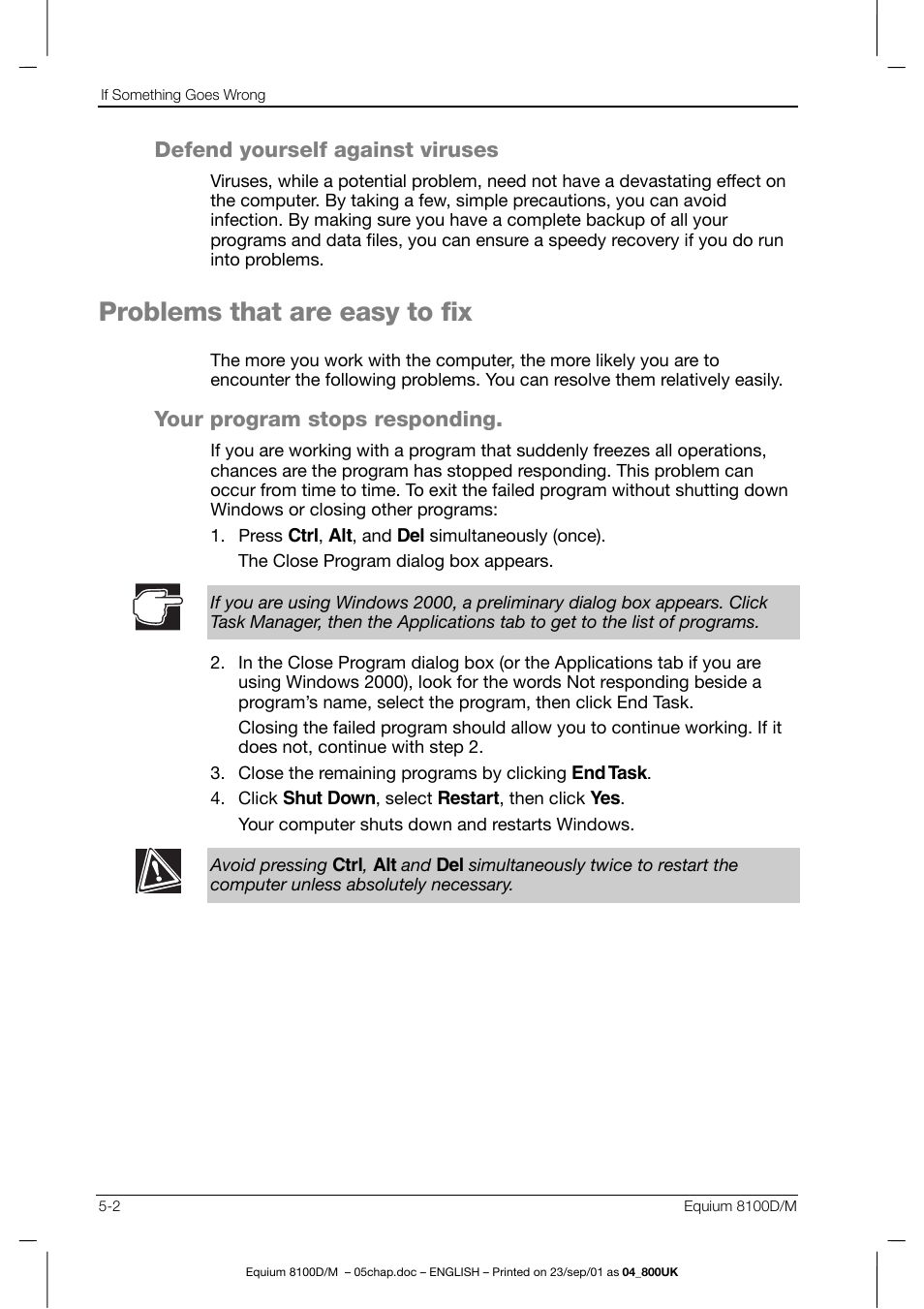 Problems that are easy to fix, Defend yourself against viruses, Your program stops responding | Toshiba Equium 8100 User Manual | Page 76 / 95