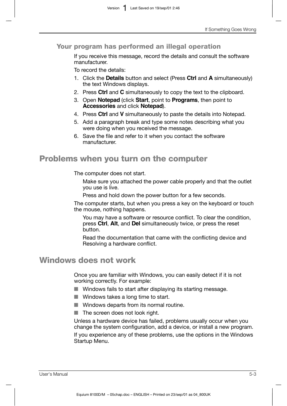 Problems when you turn on the computer, Windows does not work, Your program has performed an illegal operation | Toshiba Equium 8100 User Manual | Page 77 / 95