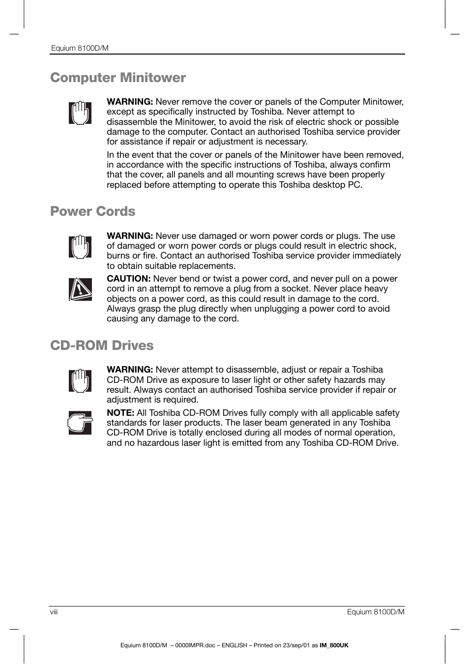 Computer minitower, Power cords, Cd-rom drives | Toshiba Equium 8100 User Manual | Page 8 / 95