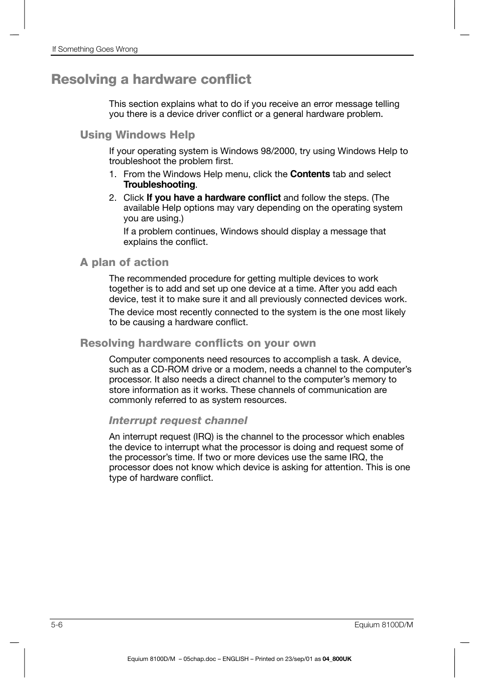 Resolving a hardware conflict | Toshiba Equium 8100 User Manual | Page 80 / 95