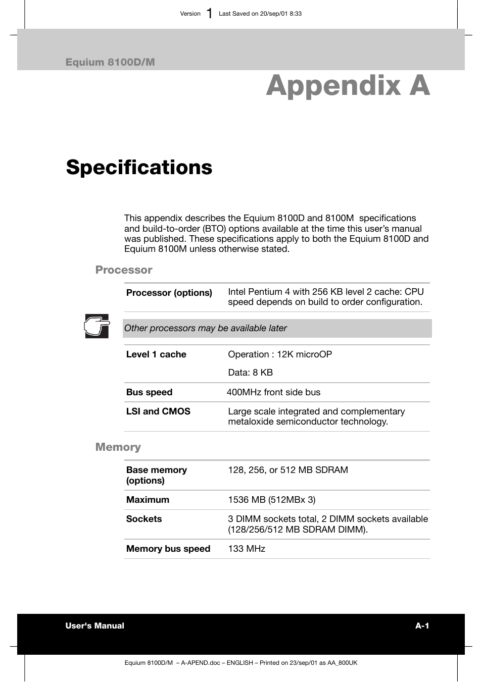 Appendix a, Specifications | Toshiba Equium 8100 User Manual | Page 84 / 95