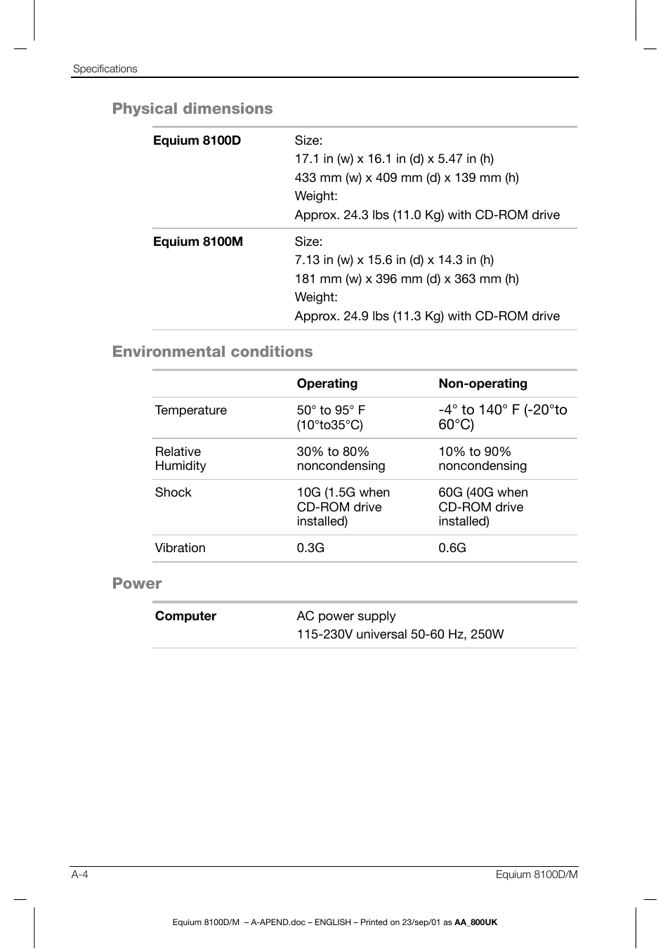 Physical dimensions, Environmental conditions, Power | Toshiba Equium 8100 User Manual | Page 87 / 95