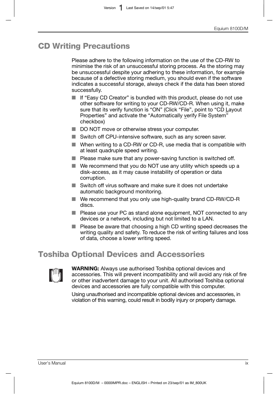 Cd writing precautions, Toshiba optional devices and accessories | Toshiba Equium 8100 User Manual | Page 9 / 95