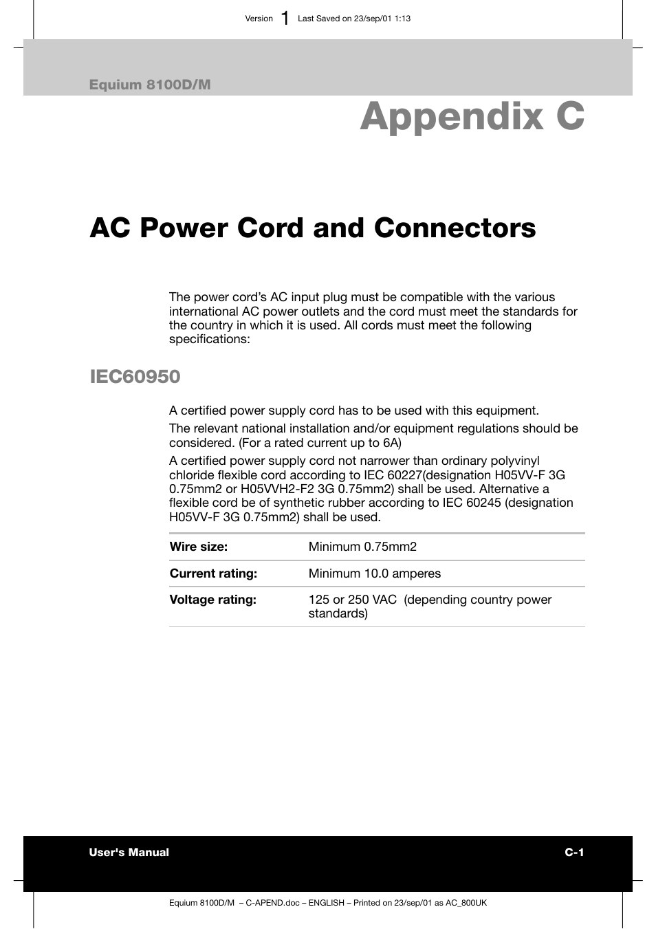 Appendix c, Ac power cord and connectors | Toshiba Equium 8100 User Manual | Page 90 / 95