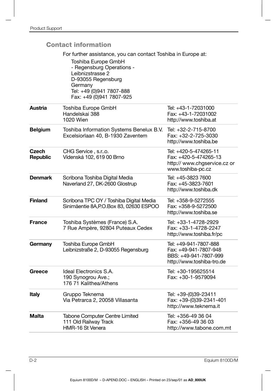 Contact information | Toshiba Equium 8100 User Manual | Page 94 / 95