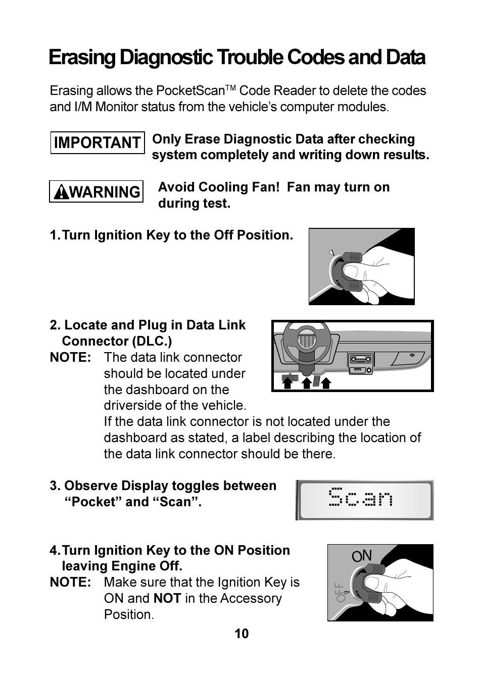 Scan, Erasing diagnostic trouble codes and data | Actron OBD II POCKETSCAN CP9125 User Manual | Page 10 / 44