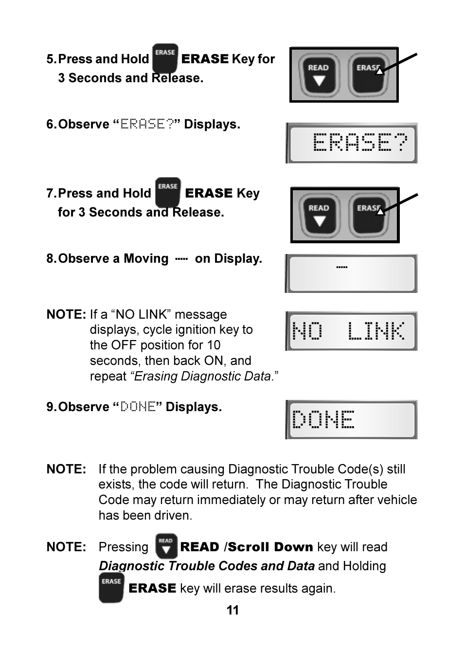Erase, Done no link | Actron OBD II POCKETSCAN CP9125 User Manual | Page 11 / 44