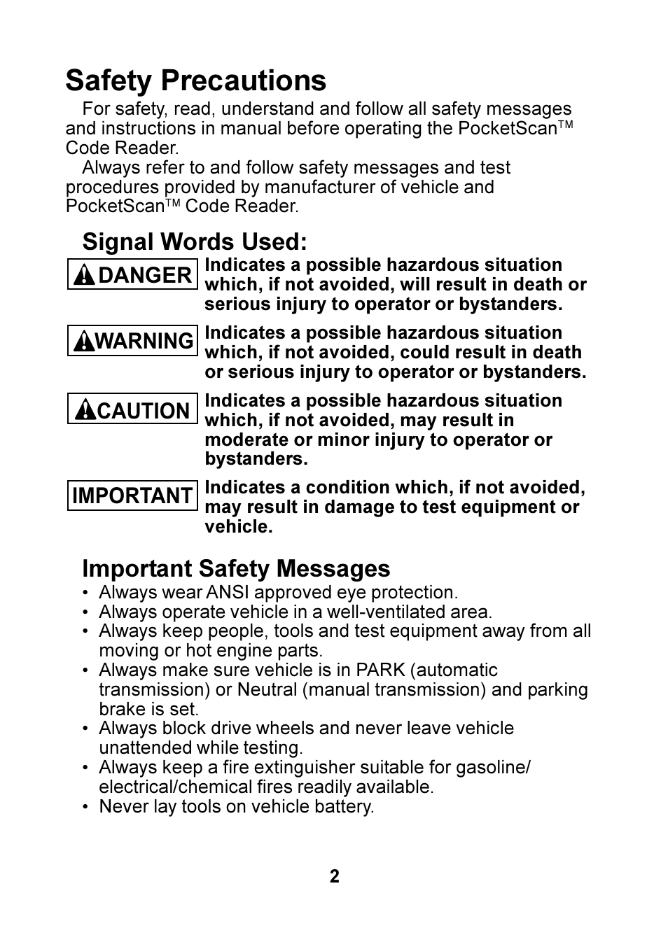 Safety precautions, Signal words used, Important safety messages | Warning, Caution, Danger important | Actron OBD II POCKETSCAN CP9125 User Manual | Page 2 / 44