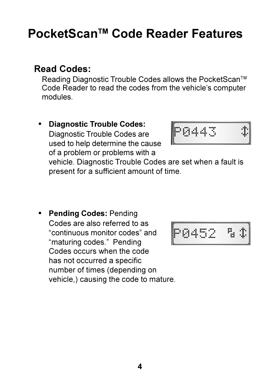 Pocketscan, Code reader features | Actron OBD II POCKETSCAN CP9125 User Manual | Page 4 / 44